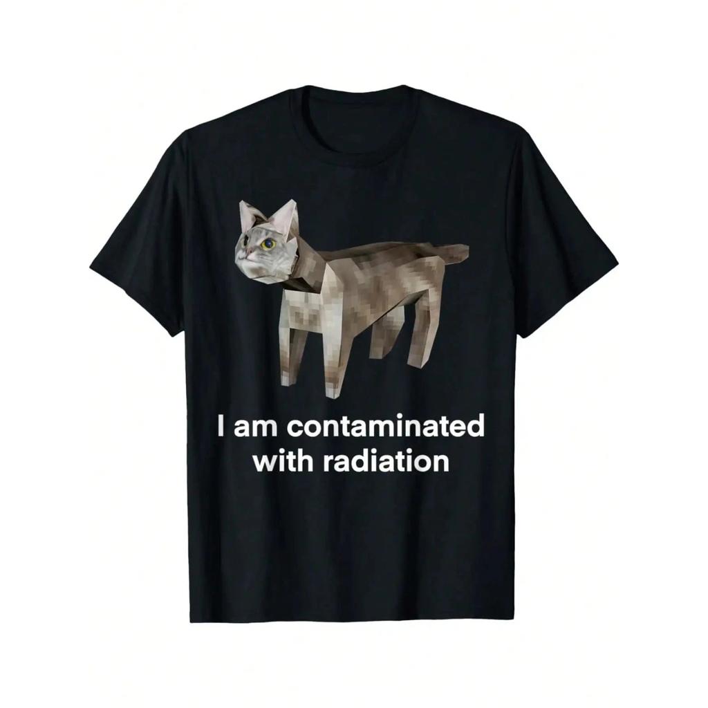 Funny Pixel Cat Graphic T Shirt for Men Meme Print Casual Short Sleeve Streetwear Tops