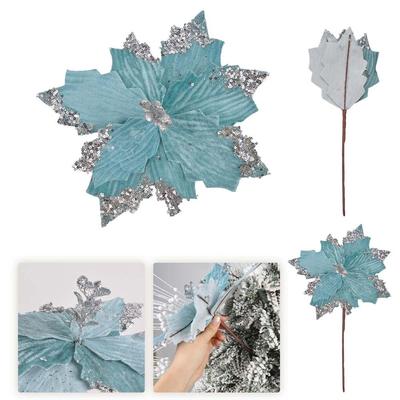 Creative With Stem Artificial Christmas Flowers Shiny Handmade Simulated Sequined Flower DIY Xmas Tree Ornaments Wedding Gift