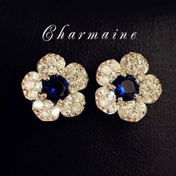 B096 British Princess Kate Style Micro-Inlaid Zircon Blue Crystal Earrings