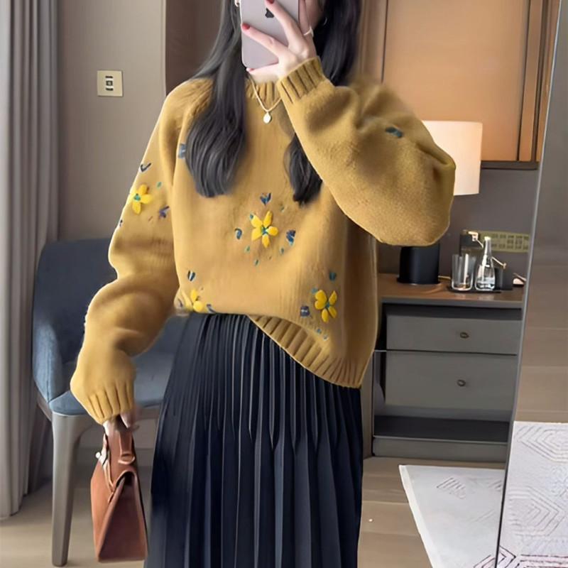 Autumn Winter O Neck Vintage Embroidery Loose Casual Knitting Top Women All-match Bottomed Pullover Sweater
