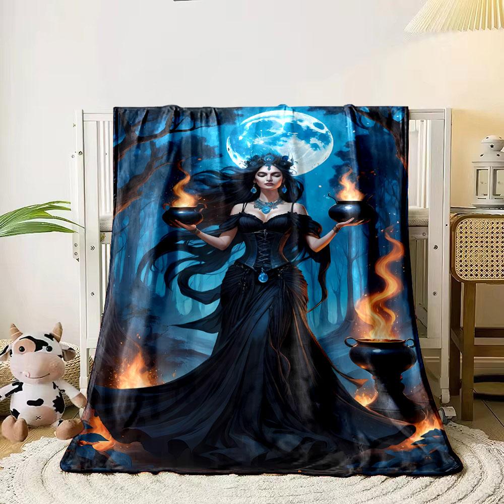 Mysterious Witch Glowing Cauldrons Moonlit Forest Blanket Bedroom Blanket for Livingroom Couch Lunch Break Soft Throw for Friend's Festival Gift