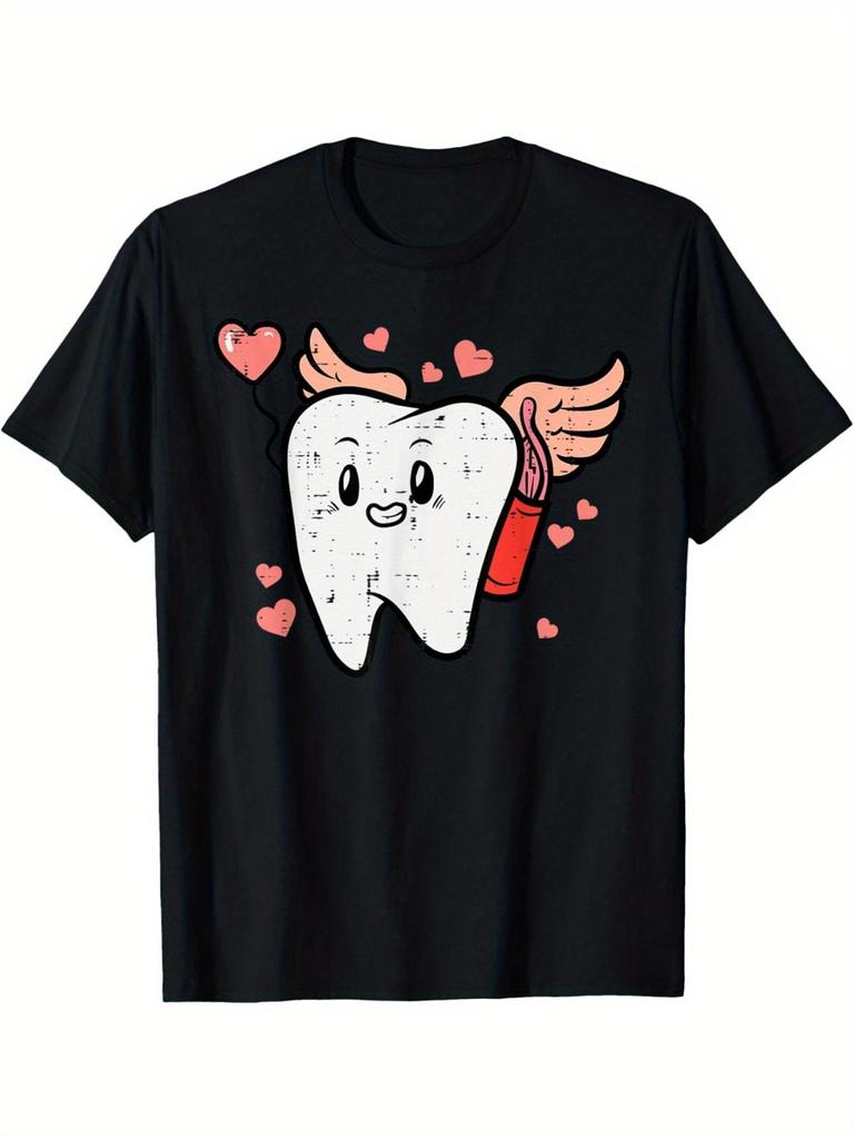 Valentine'S Day Dental Assistant Graphic Tee Cute Tooth Cupid Shirt with Hearts And Wings, Funny Val