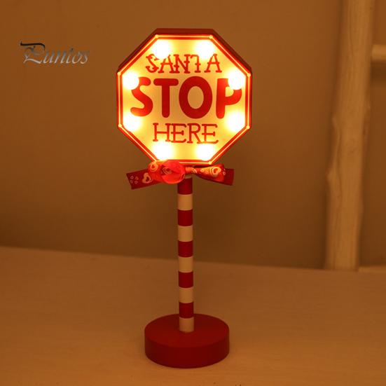 Christmas Street Sign Light with Bowknot Santa Stop Here North Pole Letter Vintage Reusable Xmas Holiday Decoration Desktop Guideboard LED Lamp