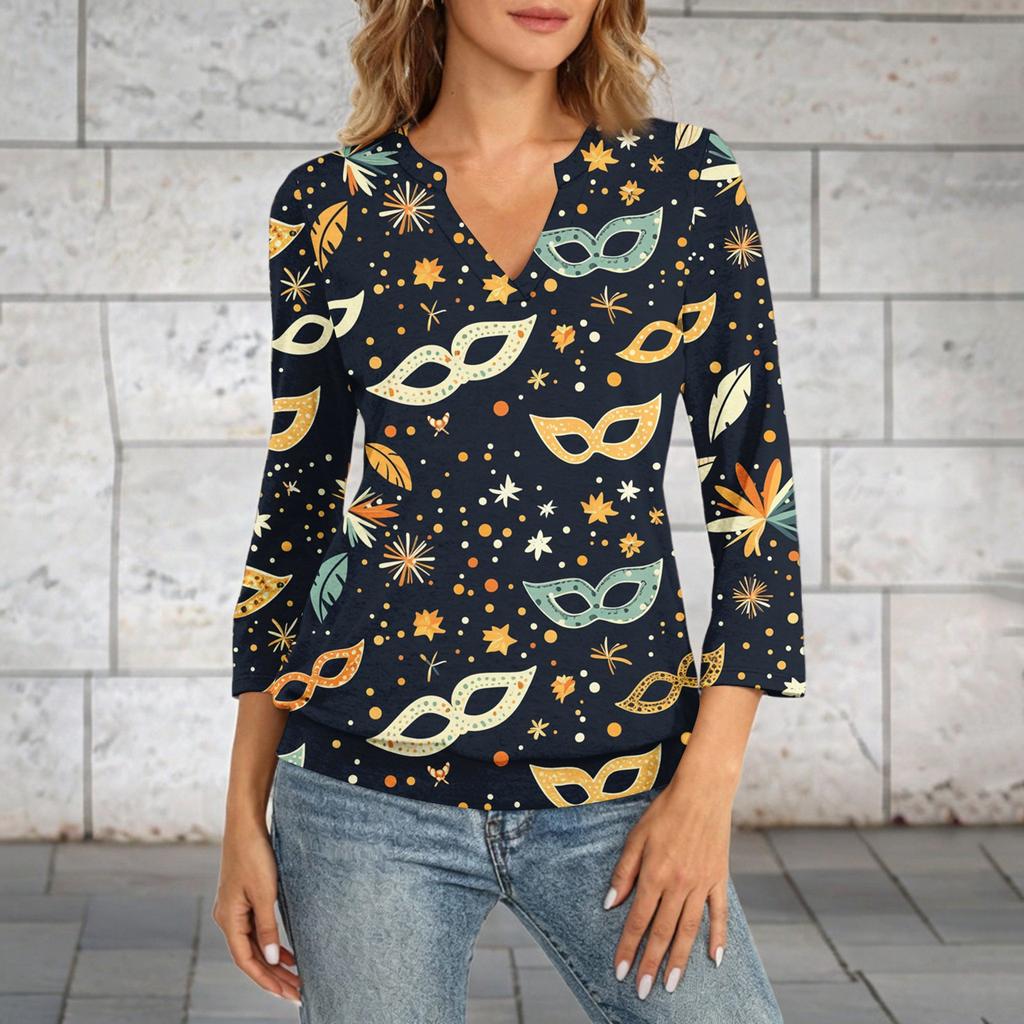 Women's 3/4 Sleeve Top With Cuffed Hem, V-Neck, Summer Casual -Shirt, Carnival Printed Top