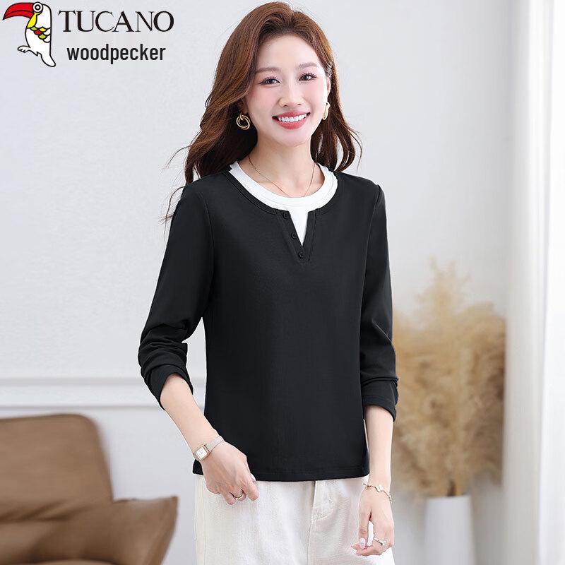 Woodpecker Women's Faux Two-Piece Henley Neck Long Sleeve T-Shirt