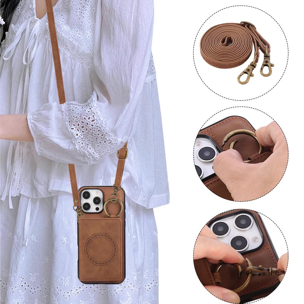 Ring Crossbody Wallet Card Holder Slot Phone Case for IPhone 16E 16 15 14 13 12 11 Pro Max X XS XR 7 8 Plus Car Magnetic Cover