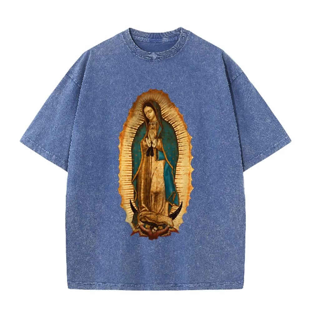 2026 Vintage Washed Black Our Lady Of Guadalupe Graphic T Shirt Retro Religious Portrait Oversized Casual Short Sleeve Tee