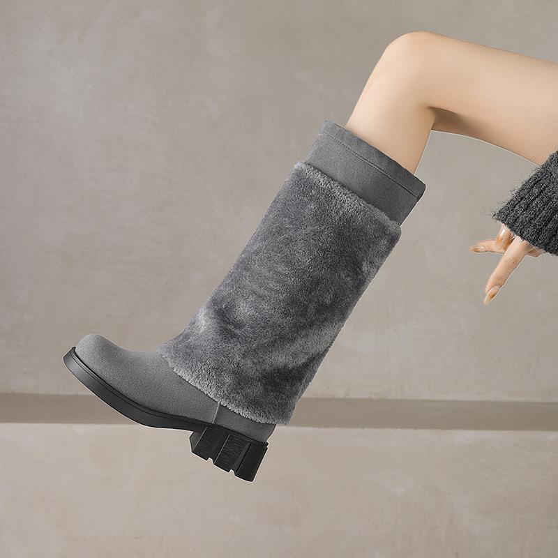 Large Size - Women's Boots Autumn and Winter Flat Heel Women's Boots Winter Boots Thick Heel Medium Tube European and American Snow Boots Keep Warm