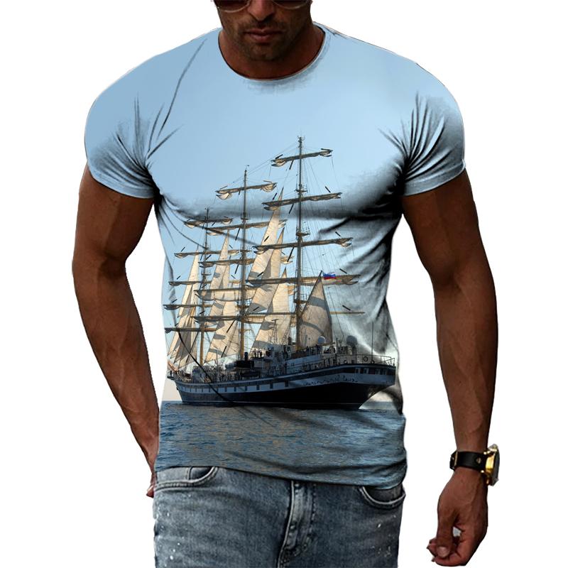 Sommer Segelboot Auf Meer Grafik T Shirts Männer Mode Lässig Persönlichkeit 3D Gedruckt Rundhals Kurzarm Streetwear T-shirts Tops