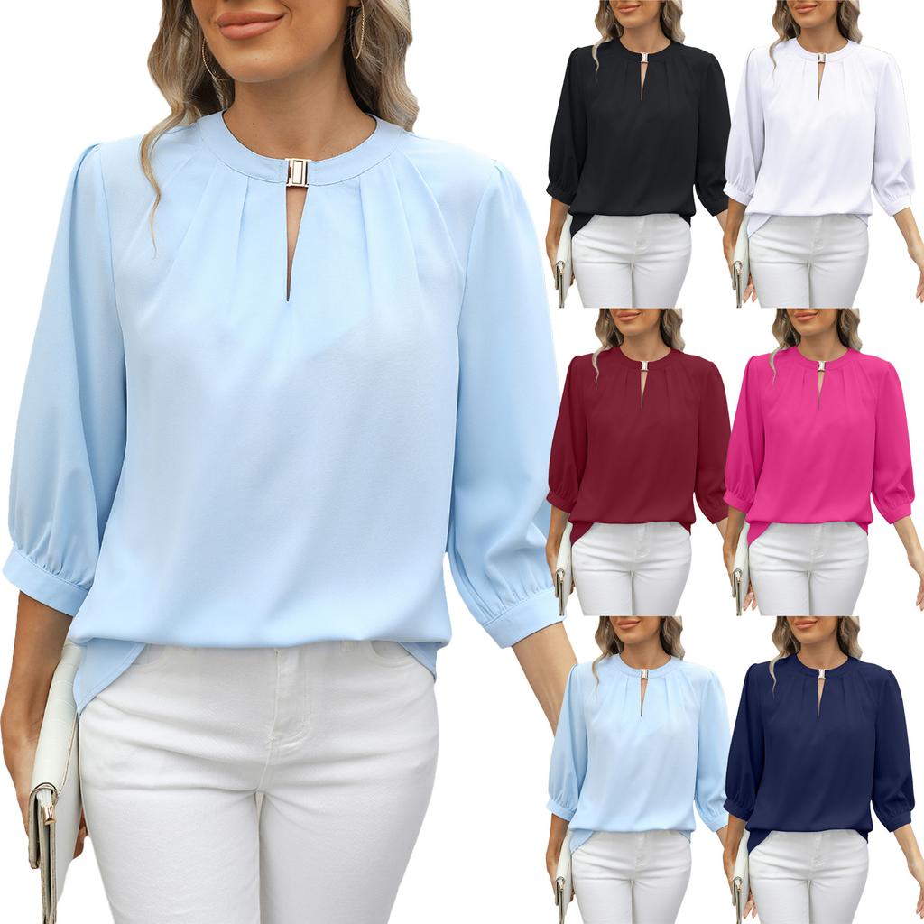 Maglia a maniche lunghe in chiffon con scollo a V e foro per serratura, primavera estate, per donna