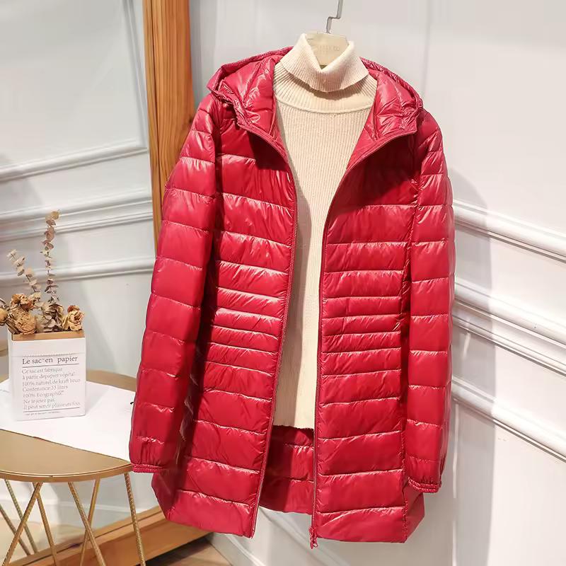 Female Long Warm Down Coat with Portable Storage Bag Women Light Down Jacket Ladies Overcoats Hip-Length High Street