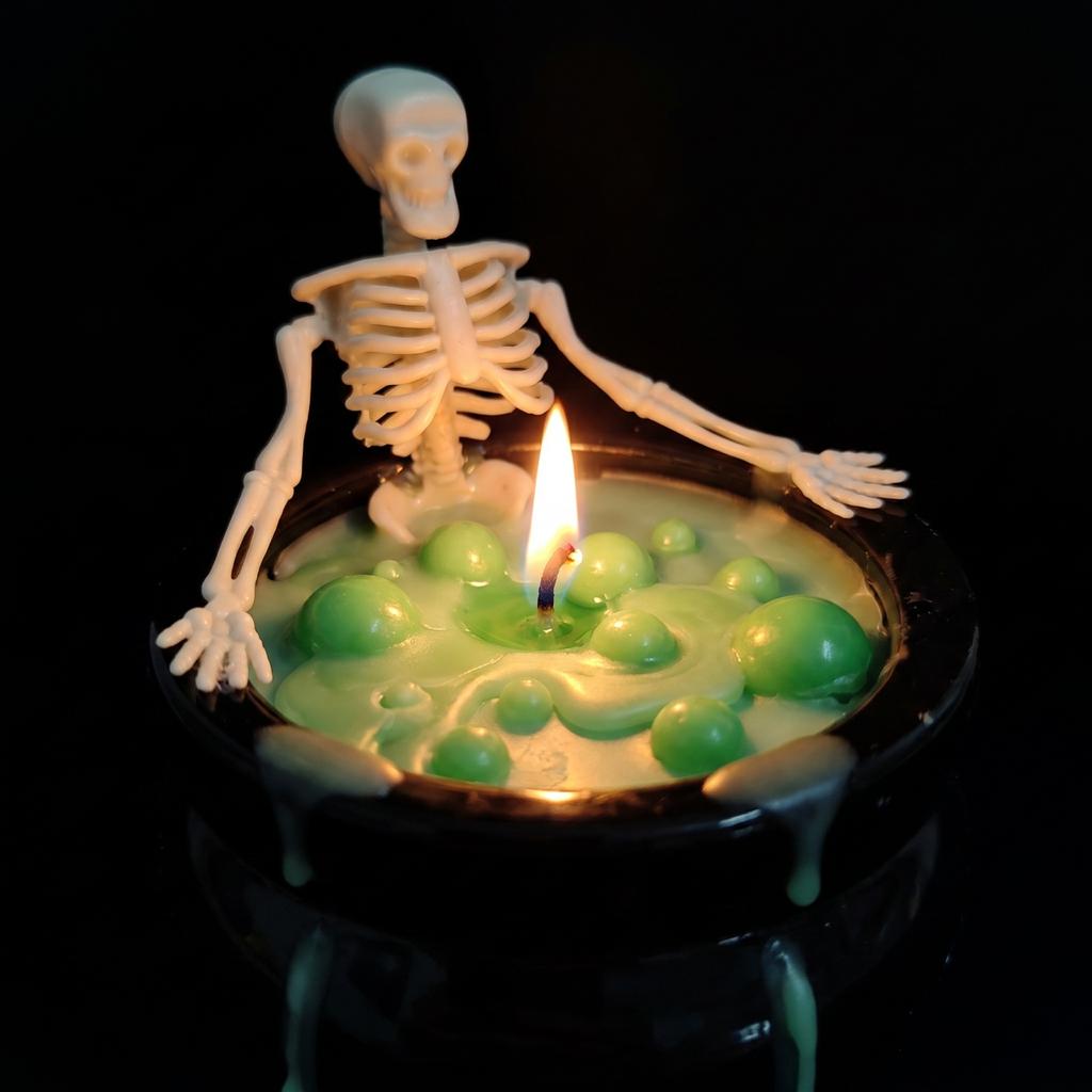 Skeleton Sitting on Cauldron Candle Halloween Decoration Wax Candle for Themed Parties and Seasonal Home Display