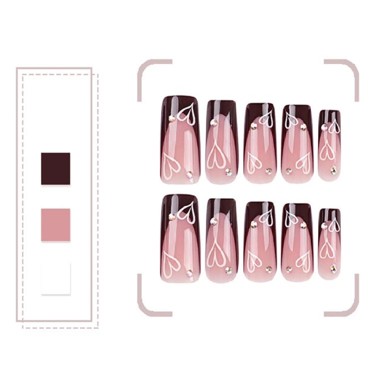 Valentine’s Day Medium Square Press On Nail with Brown French Heart Designs Stick On Nail Decoration for Women