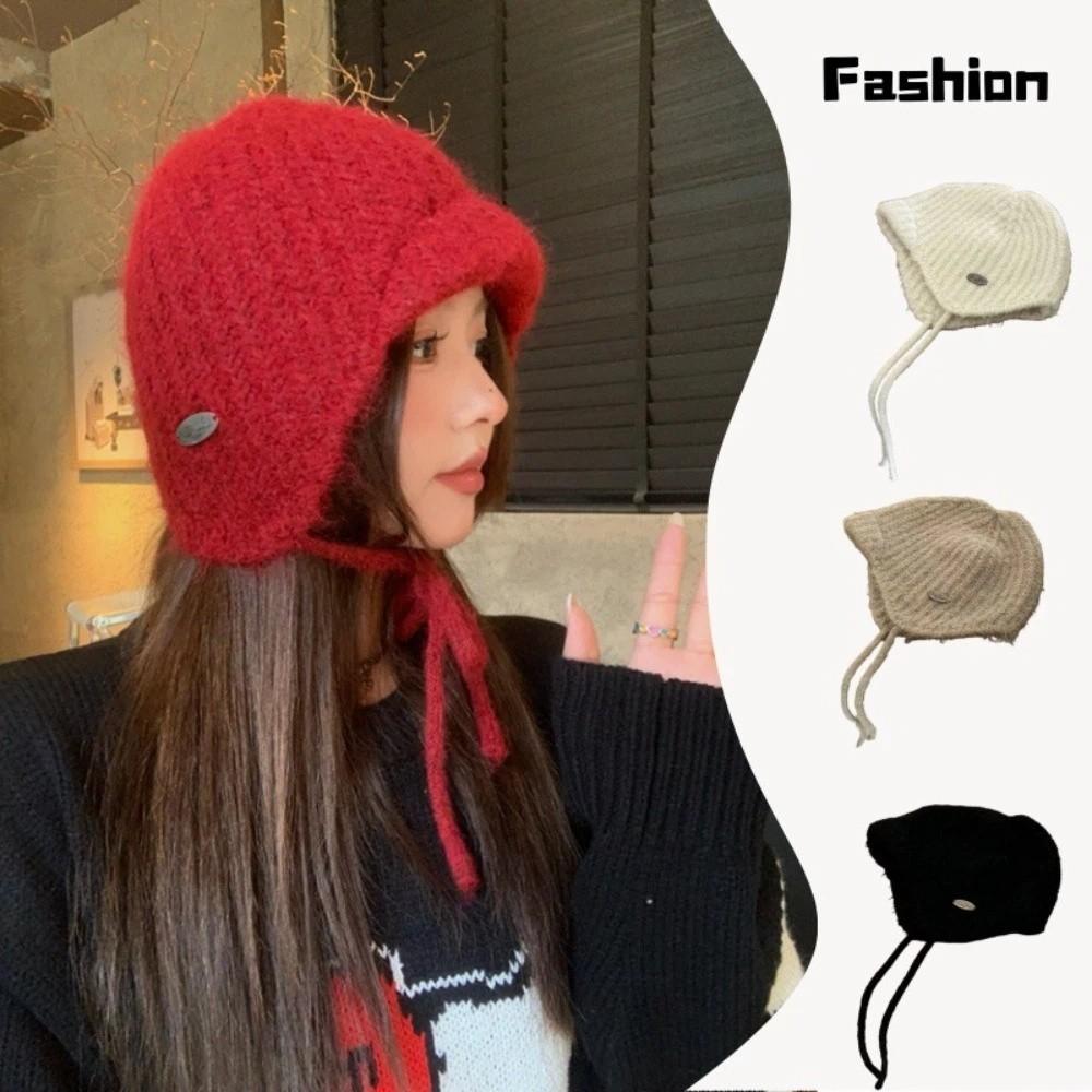 Ear Protection Knitted Earmuffs Hat Lace-up Strap Beanies Sweet Knitted Hat Winter