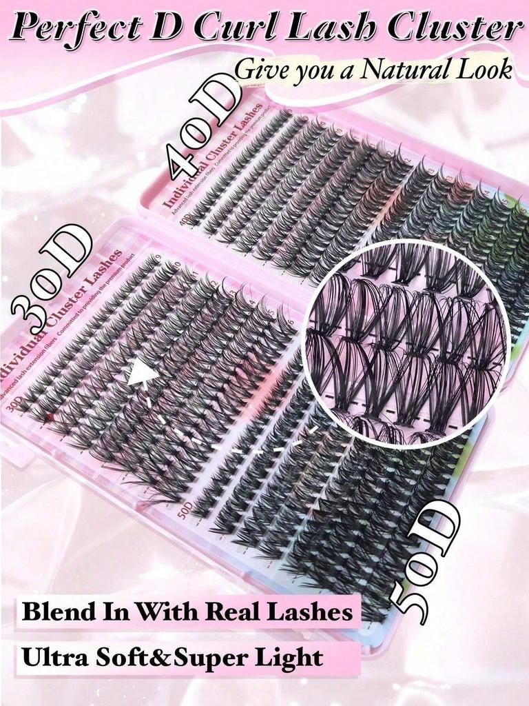 640Pcs Lash Clusters Kit 30D+40D+50D D Curl 9-16mm, DIY Eyelash Extension Kit With Lash Brushes, Natural&Thick Wispy
