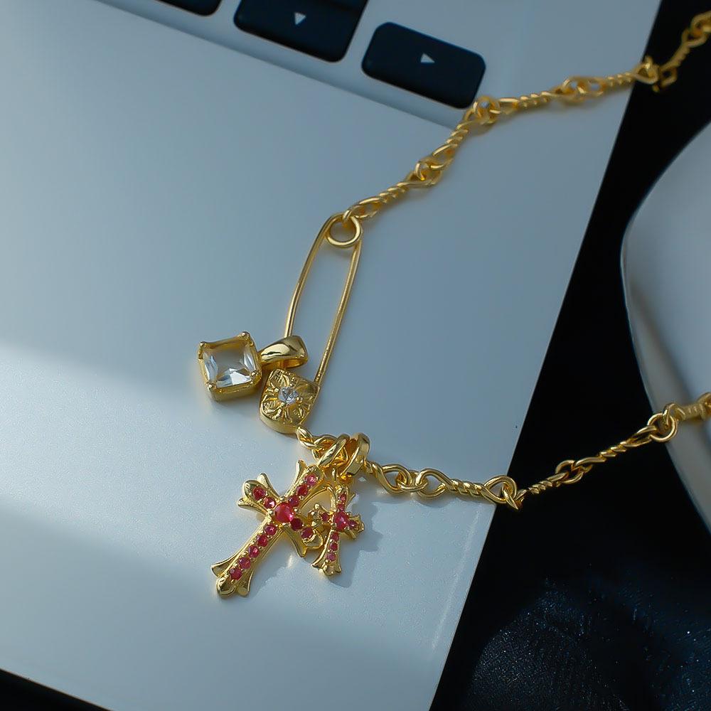 French Full Diamond Double Cross Tassel Necklace Women S Versatile Pin Clavicle Chain Sweet Cool Spice Girl Style Necklace