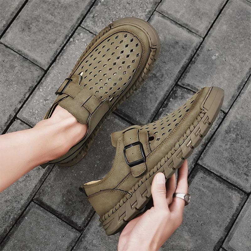 Fashion Men Hollowed Out Casual Shoe Summer Fashion Sports Sandals High-quality Handmade Leather Walking  Summer Designer Shoes   Rubber