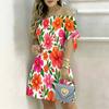 Women Plus Size White Off Shoulder Short Sleeve Tie Cuff Floral Printed A Line Dress