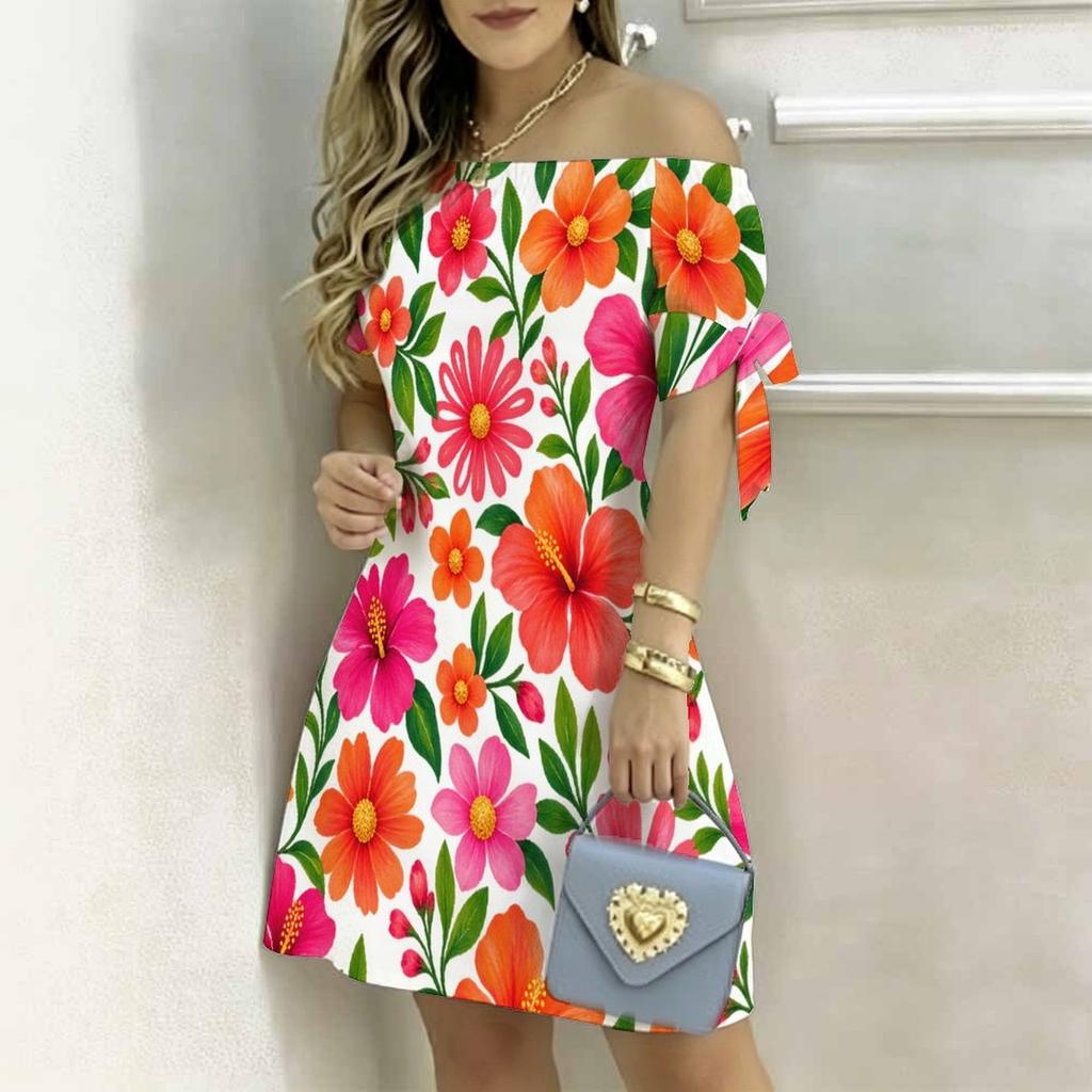 Women Plus Size White Off Shoulder Short Sleeve Tie Cuff Floral Printed A Line Dress