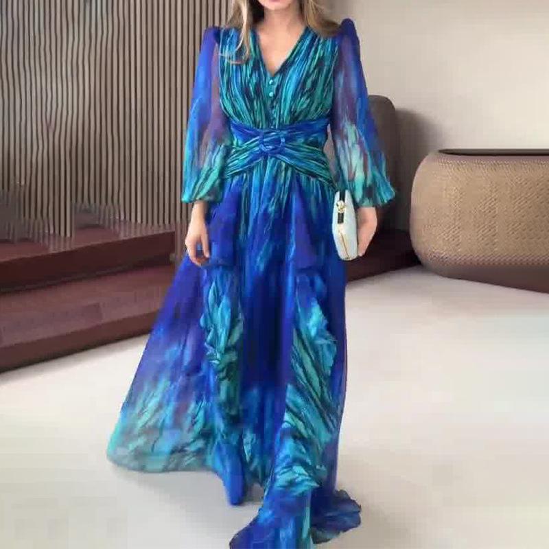 V-Neck Bubble Sleeve Gradient Print Maxi Dress with Waist Tie and Asymmetrical Hem