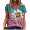 V-neck Flower Drawing Printed Short Sleeved T-shirt for Women 3d Print Tee Tops
