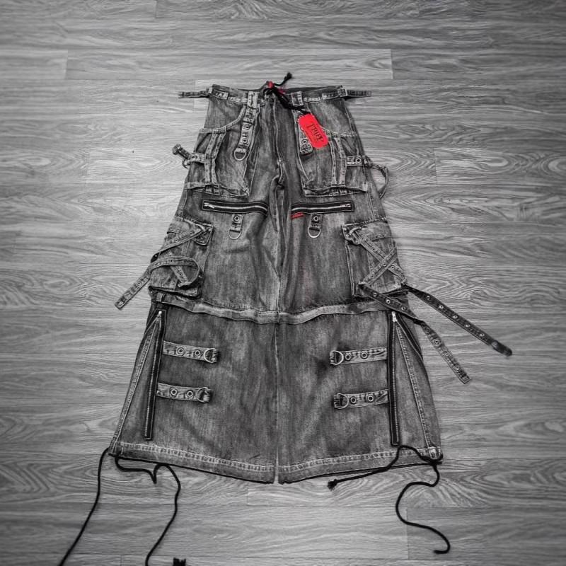 Vintage Washed Distressed Multi-Pocket Denim Cargo