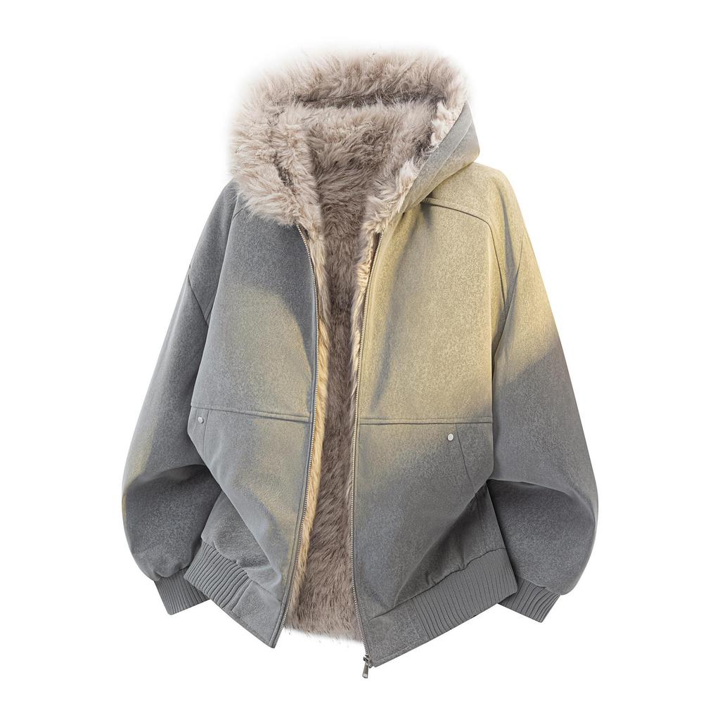 Unisex American Style Mountain Eagle Fur Collar Hooded Winter Coat - Thick Velvet Lined for Warmth and Cold Protection