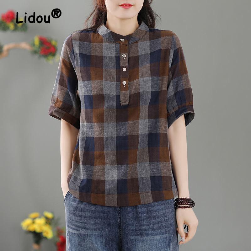 Summer Fashion Vintage Plaid Blouse Women Classic Short Sleeve Button Decoration Loose Casual All-match Lady Pullover Shirt