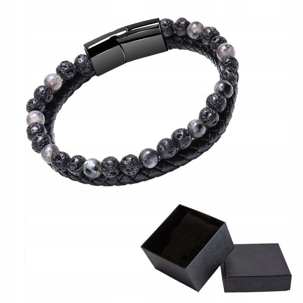 Men's Black Braided Leather Bracelet with Natural Stone and Volcanic Lava