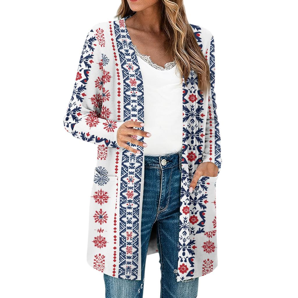 Women's Lightweight Long Sleeve Open Front Cardigans Long Sleeve Lightweight Vintage Printed Coat With Pockets