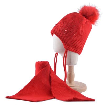 Barn Vinterlue Skjerfsett Ensfarget Strikket Baby Jenter Rhinestone Beanies Barn Tykke Luer