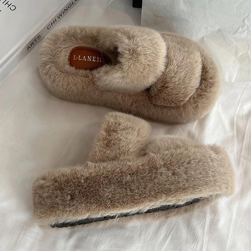Fluffy 7CM Women Platform Flats Slippers Shoes Comfort Open Toe Slides 2025 New Spring Autumn Female Home Shoes