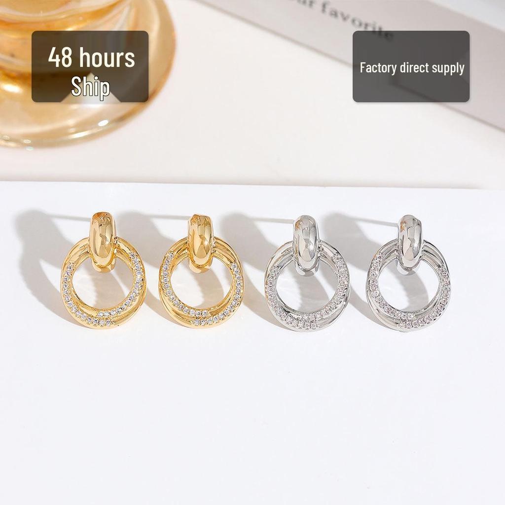 Real Gold-Plated Star Double Ring Rhinestone Geometric Stud Earrings for Women