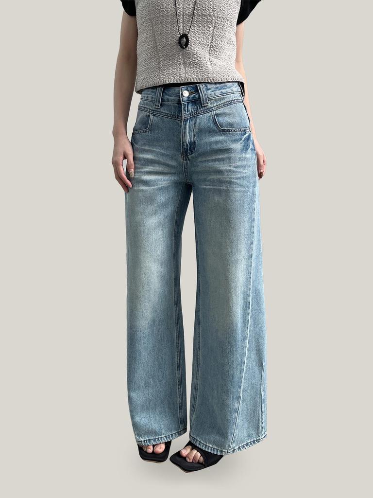 Yuyi Women's Retro High Waist Loose Wide Leg Jeans, Floor-Length, Slimming Washed, Spring 2026 Style, Model C8187