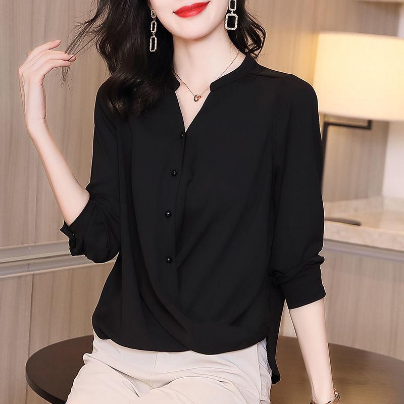 Women's Shirt V-neck Chiffon Shirt Autumn Outfit Top Western Style Loose Fitting Shirt