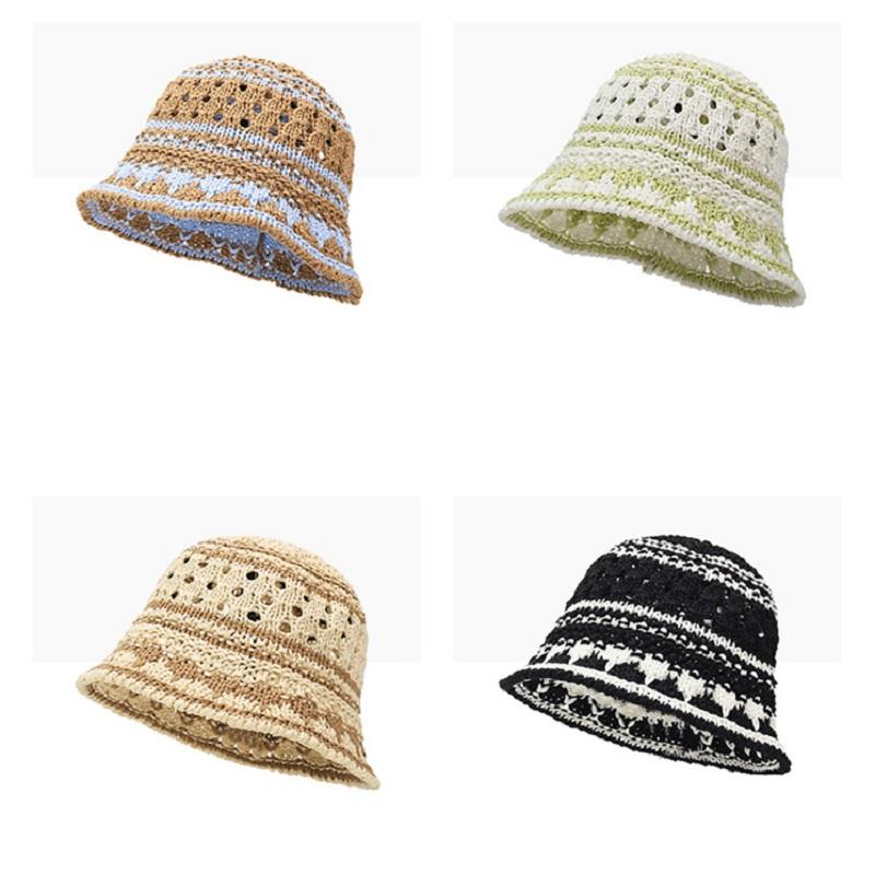 Woven Bucket Hat For Women Summer Versatile Niche Design Color-Blocked Fisherman Hat Hollow-Out Sun Protection Hat