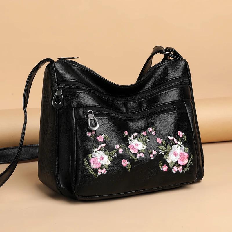 Modne luksusowe torebki z PU skóry z wieloma kieszeniami Wysokiej jakości torba damska z kwiatowym haftem Damskie torebki crossbody na ramię