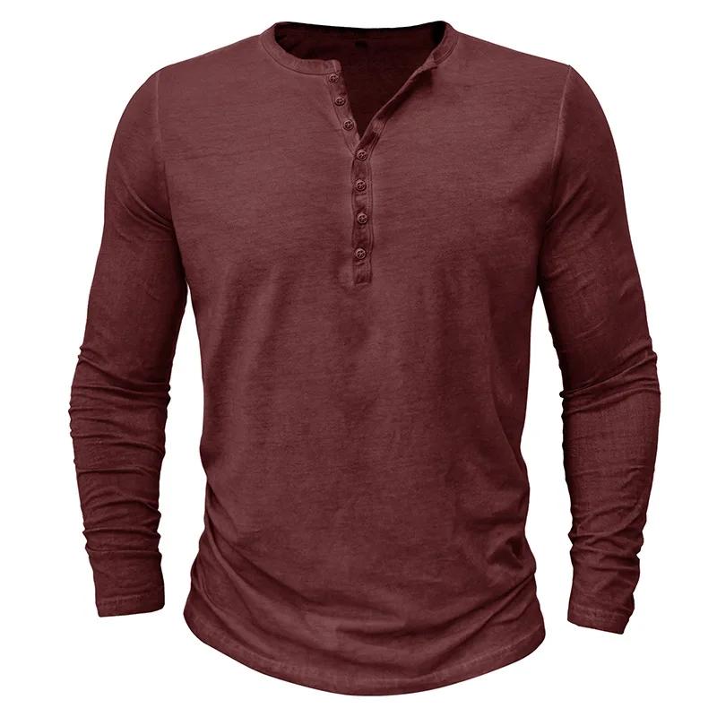 

Men V-neck T-shirt Vintage Solid Color Long Sleeve Button Washed Worn Men Clothing Summer 6XL червоний