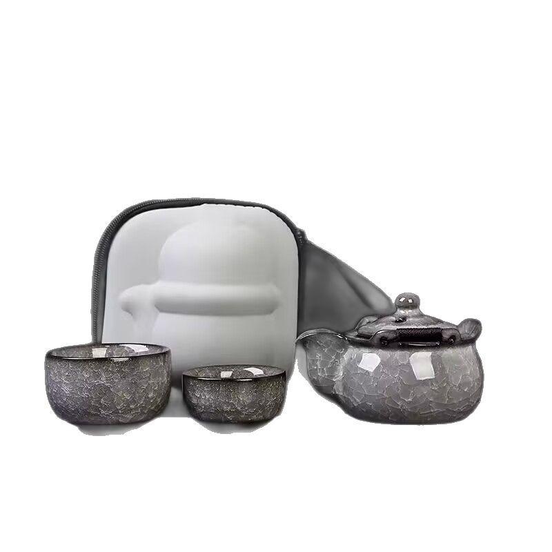 Black Ice Hand Grab Pot Kuaike Cup One Pot Two Cups Ice Cracked Ceramic Travel Tea Set Outdoor Portable Tea Pot