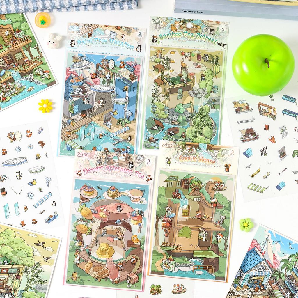 ZABC Cross-border Stereo Scene Stickers: Fun Four Chapters Series - 3 Sheets PET White Card Collage Material