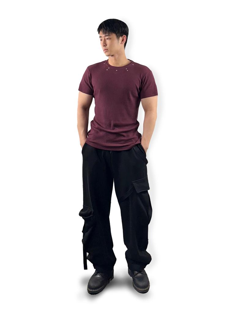 Digeunolusileu Cubic Ribbed Slim Short Sleeve Tee (Burgundy)