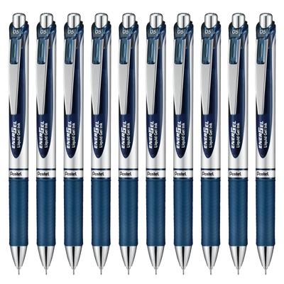 Pentel Żelowy Energel Długopis Srebrny 10 Długopisów, 0,5 mm, Korpus, BLN75Z-CA, Niebiesko-Czarny,