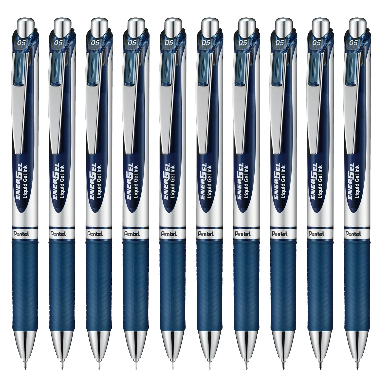 Pentel EnerGel Ballpoint Gel Silver 10 Pens Pen, Ink, Retractable, 0.5mm, Barrel, Blue-Black,