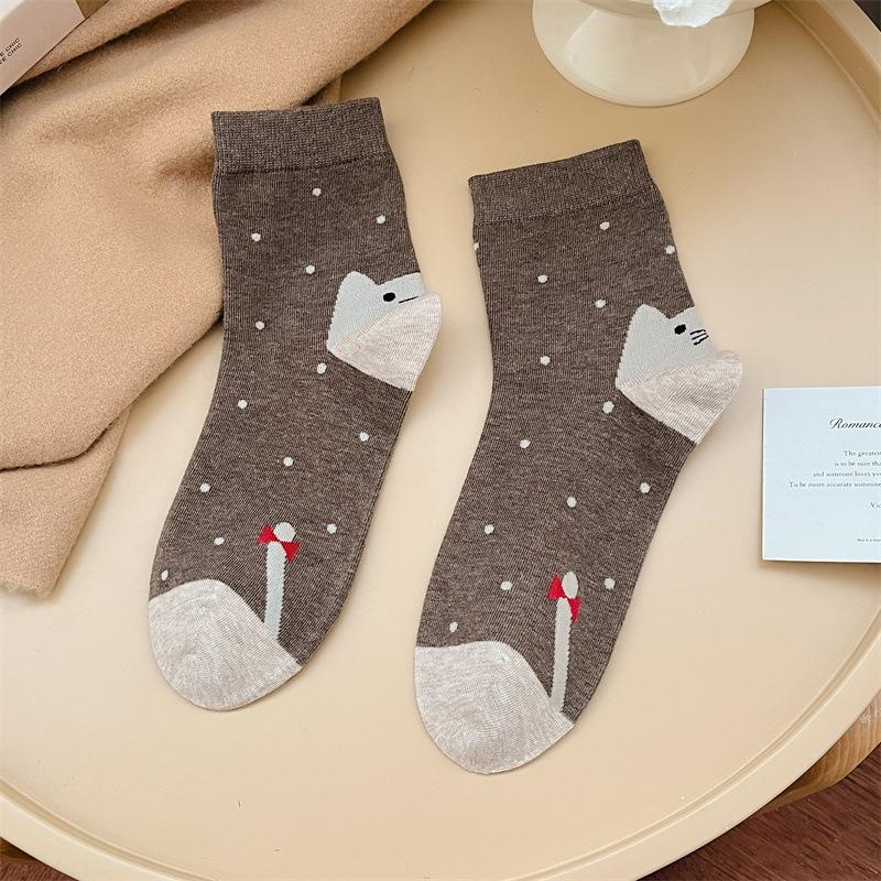 Autumn and Winter Socks, Cartoon-embroidered Pure Cotton Mid-calf Socks, Versatile School-style Women's Socks