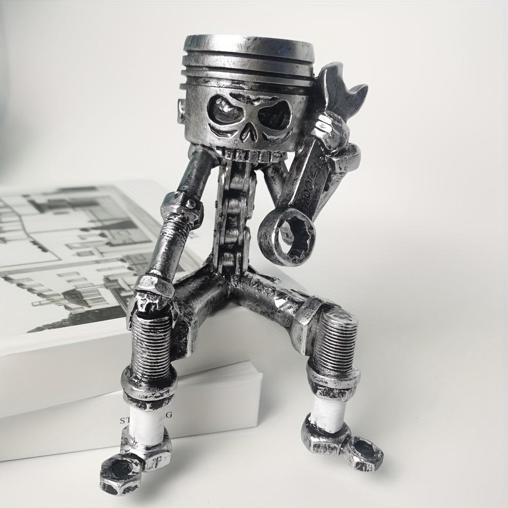 Gravurovaná pryskyřičná lebka obličeje stolní umělecké dílo, gravurovaná lebka s klíčem ručně vyráběná pístová ornamentální dekorace, retro mechanický styl,