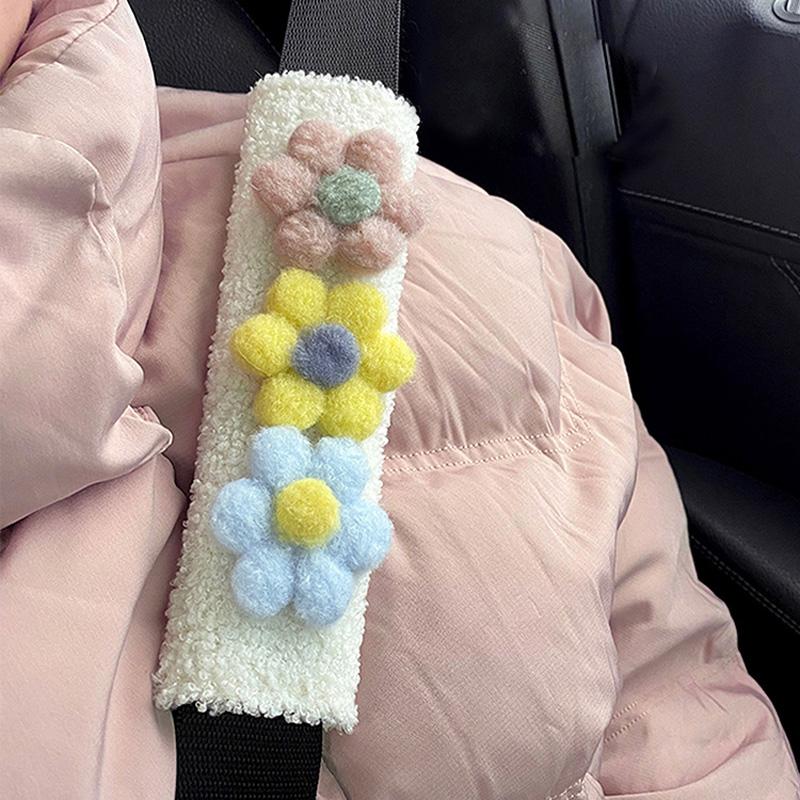 1/2pc Soft Plush Color Flowers Car Seat Belt Cover Shoulder Strap Harness Cushion  Artificial Lamb Auto Seatbelt Shoulder Pad