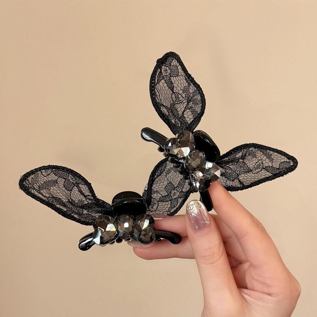 Elegant Black Lace Rhinestone Bunny Ear Bow Hair Clip - Small, Versatile, Korean Style