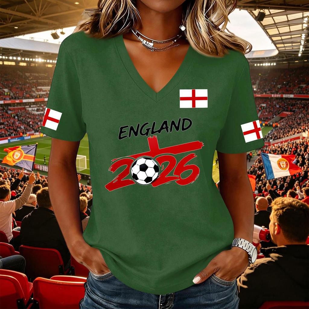 Women's Casual V Neck Short Sleeve Pullover Top Football Flag Print Support Tee Shirt for Sports Events