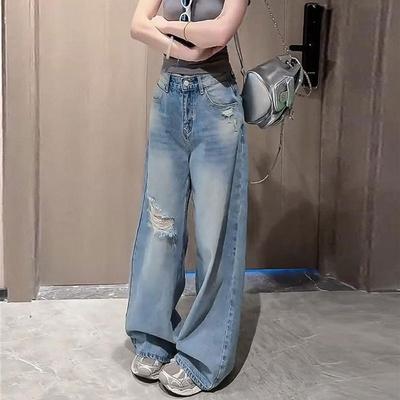 Women's High Waist American Retro Ripped Wide Leg Jeans - Spring Fashion Loose