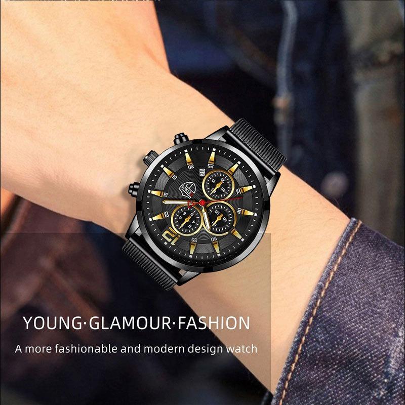 Fashion Business Men's Stainless Steel Mesh Strap Quartz Watch Fake Three Eyes With Date Watch